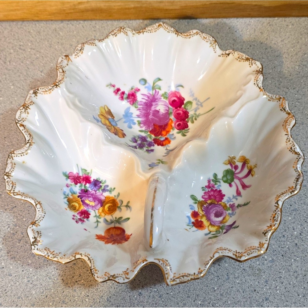 Goldcrest Japan Porcelain Floral Divided Serving Bowl White Scalloped Edge